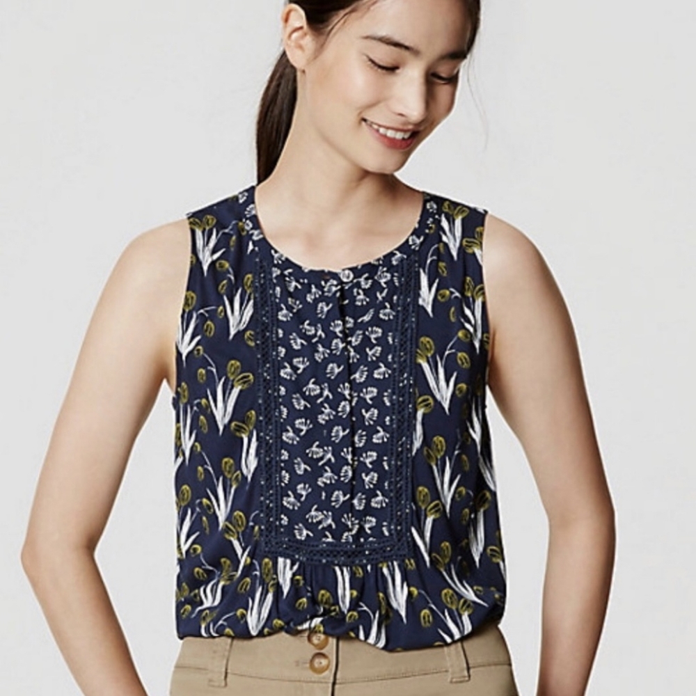 Loft Navy Blue Floral Sleeveless Bib Medium